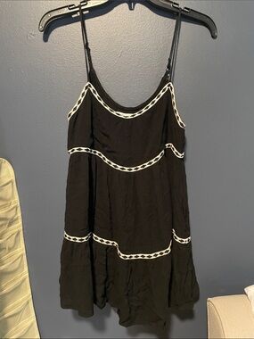 Mustard Seed Black and White Tape Trim Shirred Tiered Romper Dress, M